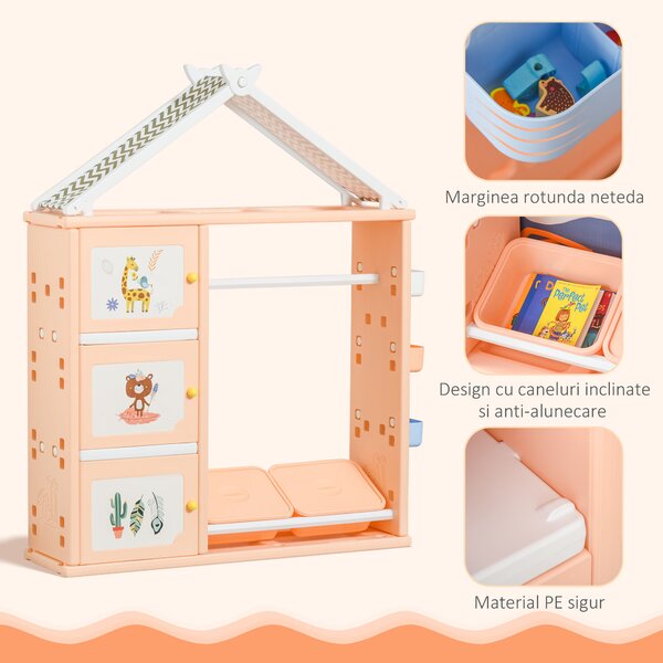HOMCOM Organizator Jucării cu Containere și Cuier, 128x34x155cm, Portocaliu | Aosom Romania