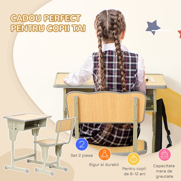 HOMCOM Set Masa Si Scaune Copii Bancă și Scaun Reglabil pentru Copii 6-12 Ani Ergonomic Aosom Romania