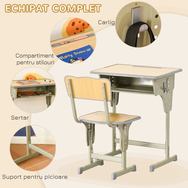 HOMCOM Set Masa Si Scaune Copii Bancă și Scaun Reglabil pentru Copii 6-12 Ani Ergonomic Aosom Romania