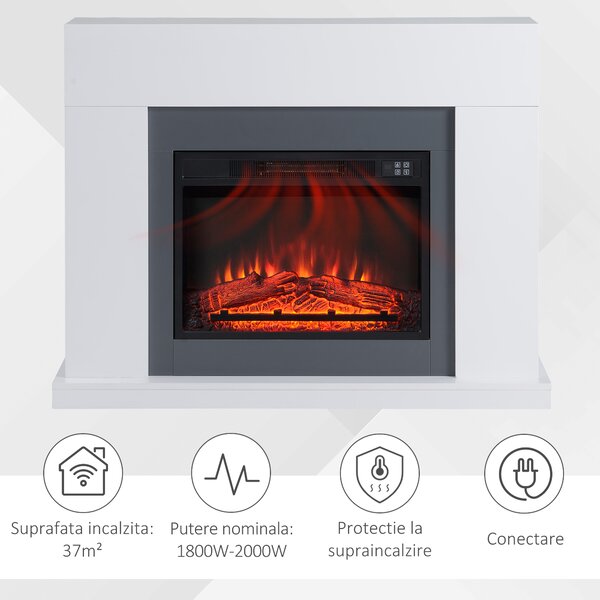 HOMCOM Semineu Electric de Perete cu Efect de Flacara e Incalzire, incalzitor pentru interior 2000W, Acoperire 37m², Timer 7 Zile, Alb | AOSOM RO
