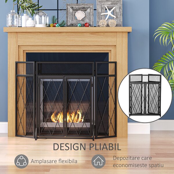 HOMCOM Parascantei Semineu din Metal Protectie pentru semineu cu 3 Panouri Pliabile si 2 Usi, 120x11,5x79cm, Negru | AOSOM RO