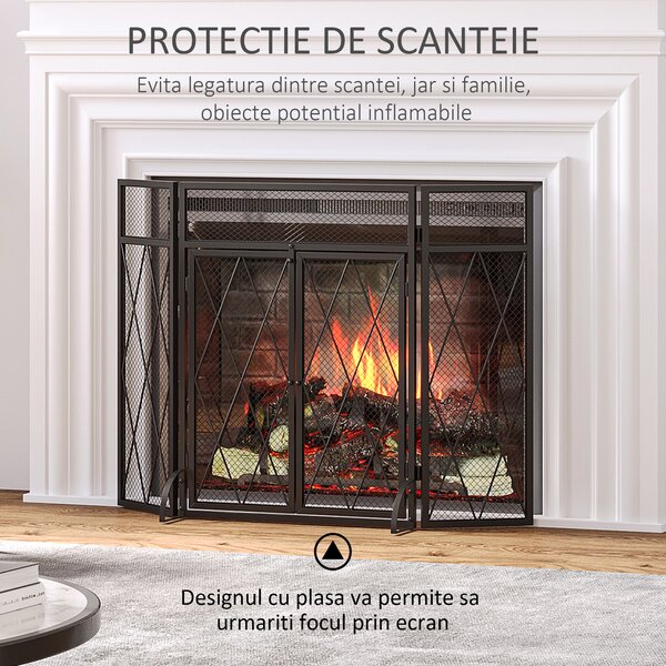 HOMCOM Parascantei Semineu din Metal Protectie pentru semineu cu 3 Panouri Pliabile si 2 Usi, 120x11,5x79cm, Negru | AOSOM RO