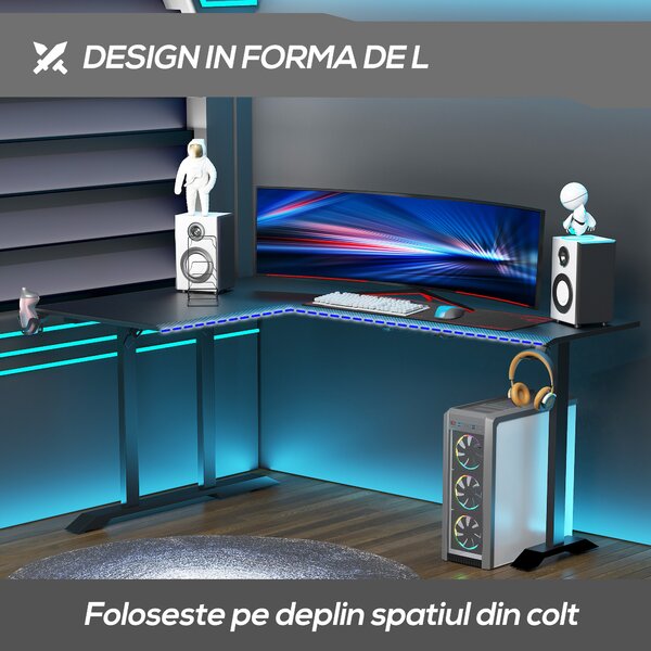 HOMCOM Birou pe Colt pentru Gaming si Birou cu Carlig pentru Casti si Suport pentru Pahare, Suport Gamepad si Mouse Pad, Negru