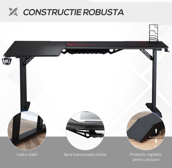 HOMCOM Birou pe Colt pentru Gaming si Birou cu Carlig pentru Casti si Suport pentru Pahare, Suport Gamepad si Mouse Pad, Negru