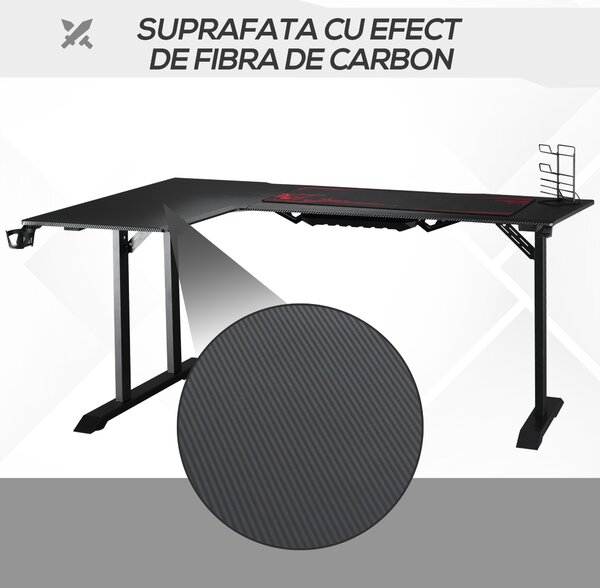 HOMCOM Birou pe Colt pentru Gaming si Birou cu Carlig pentru Casti si Suport pentru Pahare, Suport Gamepad si Mouse Pad, Negru
