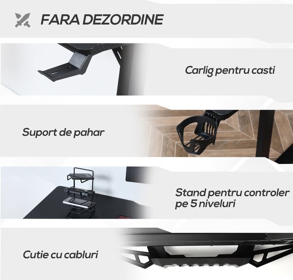 HOMCOM Birou pe Colt pentru Gaming si Birou cu Carlig pentru Casti si Suport pentru Pahare, Suport Gamepad si Mouse Pad, Negru