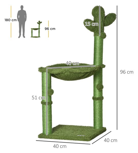PawHut Centru de Activități pentru Pisici în Formă de Cactus, Zona de Joacă și Odihnă, 40x40x96cm, Verde | Aosom Romania