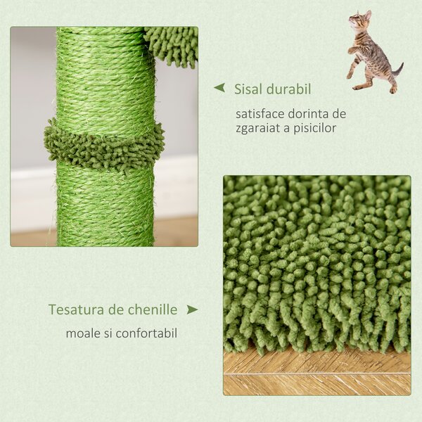 PawHut Centru de Activități pentru Pisici în Formă de Cactus, Zona de Joacă și Odihnă, 40x40x96cm, Verde | Aosom Romania