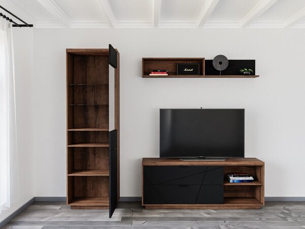 Set de living Fivale 113, Negru mat, Stejar Delano închis, PAL laminat, Sticlă călită