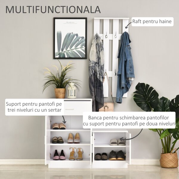 HOMCOM Mobilier de Hol cu Cuier din Lemn, Spațiu de Depozitare și Design Elegant, 100x32x187cm, Alb | Aosom Romania