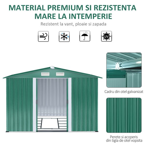Casuta de gradina Outsunny, din lamiera de Oțel 246x192,5x177,5cm Verde | Aosom Romania