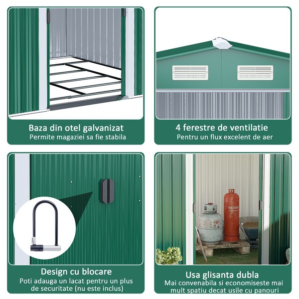 Casuta de gradina Outsunny, din lamiera de Oțel 246x192,5x177,5cm Verde | Aosom Romania