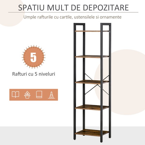 Bibliotecă Stil Industrial HOMCOM cu 5 Rafturi, Mobilier din Lemn și Oțel, Ideal pentru Casă, Birou și Studio, Design Rustic, Maro | Aosom Romania