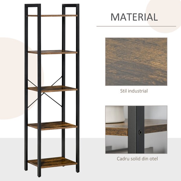 Bibliotecă Stil Industrial HOMCOM cu 5 Rafturi, Mobilier din Lemn și Oțel, Ideal pentru Casă, Birou și Studio, Design Rustic, Maro | Aosom Romania