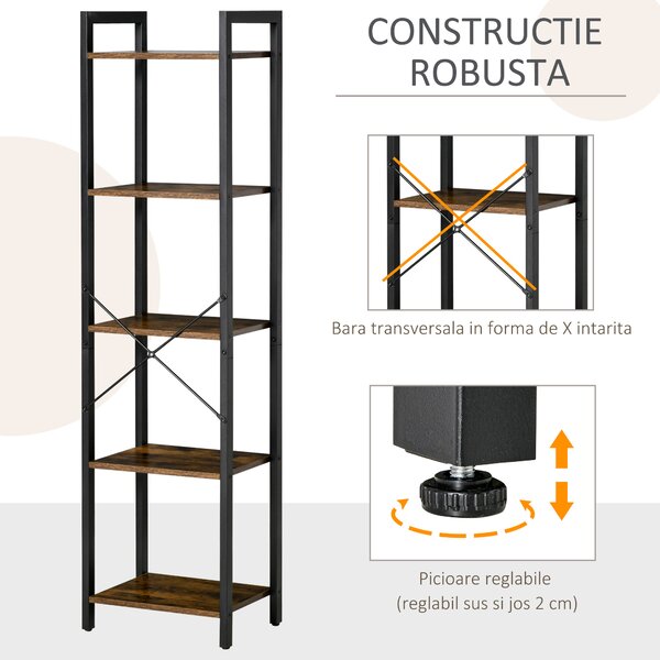 Bibliotecă Stil Industrial HOMCOM cu 5 Rafturi, Mobilier din Lemn și Oțel, Ideal pentru Casă, Birou și Studio, Design Rustic, Maro | Aosom Romania