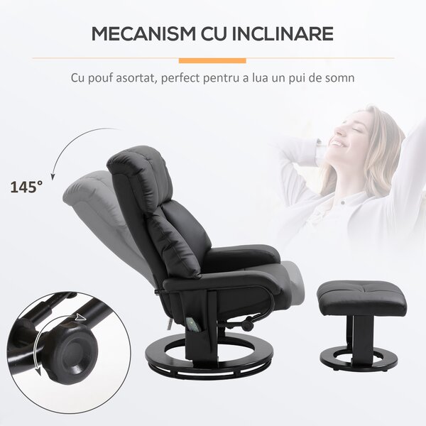 Fotoliu Rabatabil HOMCOM de Masaj cu Suport puf pentru picioare si Telecomanda, Capitonat cu Imitatie de piele, Negru | Aosom RO