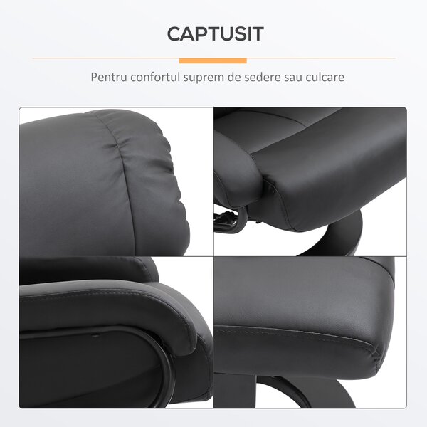 Fotoliu Rabatabil HOMCOM de Masaj cu Suport puf pentru picioare si Telecomanda, Capitonat cu Imitatie de piele, Negru | Aosom RO