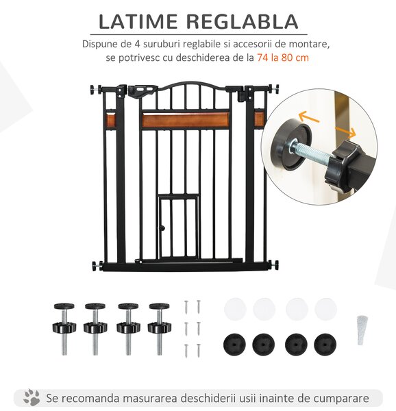 PawHut Portiță Extensibilă pentru Câinișori, Închidere Automată, 74-80 cm, Negru, Siguranță și Confort | Aosom Romania