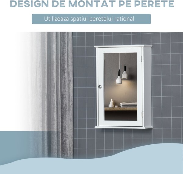 Kleankin Dulapior Suspendat cu Oglindă pentru Baie, Design Modern, Inchidere Magnetica, 41x14x60cm, Alb, din Lemn | Aosom Romania