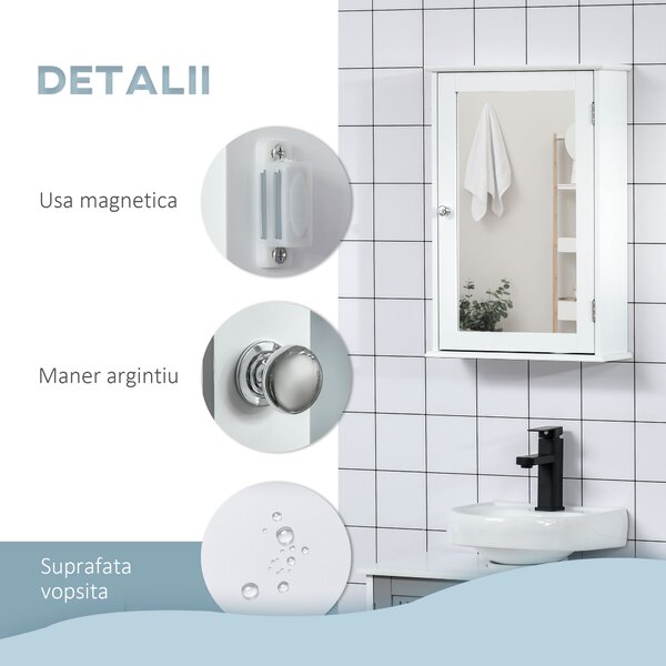 Kleankin Dulapior Suspendat cu Oglindă pentru Baie, Design Modern, Inchidere Magnetica, 41x14x60cm, Alb, din Lemn | Aosom Romania