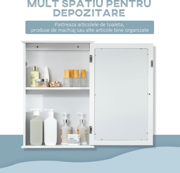 Kleankin Dulapior Suspendat cu Oglindă pentru Baie, Design Modern, Inchidere Magnetica, 41x14x60cm, Alb, din Lemn | Aosom Romania