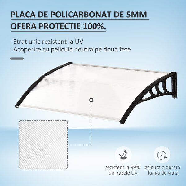 Outsunny Copertină din Policarbonat, Acoperiș pentru Ușă sau Fereastră Impermeabilă Anti-UV, 120x80x23 cm, Negru | Aosom Romania