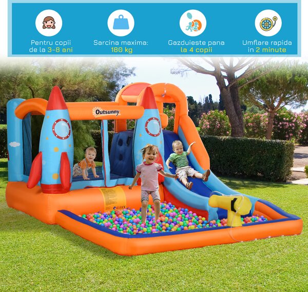 Outsunny Castel Gonflabil pentru Copii Piscina cu Tobogan si Trambulina, Pompa Electrica, 370x270x185cm, Multicolor | Aosom Romania