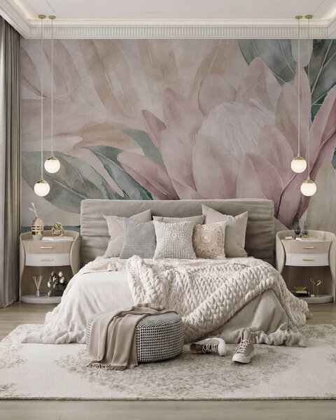Tapet Protea și frunze tropicale, Fototapet Flori, w09988 : Uwalls.ro