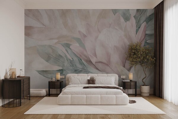 Tapet Protea și frunze tropicale, Fototapet Flori, w09988 : Uwalls.ro