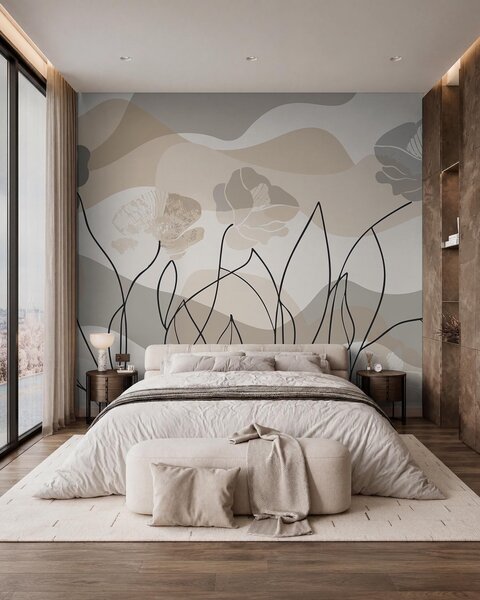 Tapet Abstracție bej cu flori conturate, Imagini de fundal unice, w09989 : Uwalls.ro