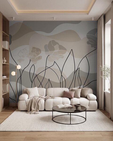 Tapet Abstracție bej cu flori conturate, Imagini de fundal unice, w09989 : Uwalls.ro