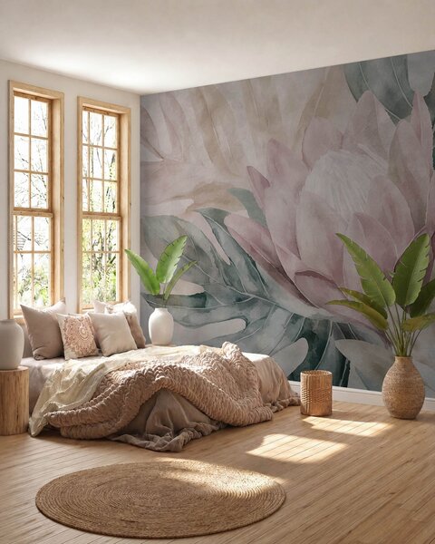 Tapet Protea și frunze tropicale, Fototapet Flori, w09988 : Uwalls.ro