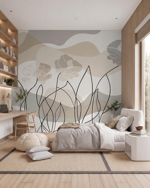 Tapet Abstracție bej cu flori conturate, Imagini de fundal unice, w09989 : Uwalls.ro
