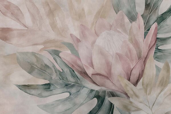 Tapet Protea și frunze tropicale, Fototapet Flori, w09988 : Uwalls.ro