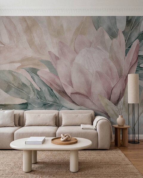 Tapet Protea și frunze tropicale, Fototapet Flori, w09988 : Uwalls.ro