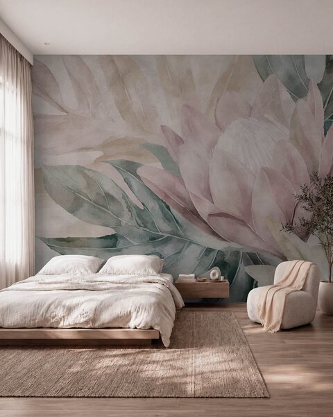 Tapet Protea și frunze tropicale, Fototapet Flori, w09988 : Uwalls.ro
