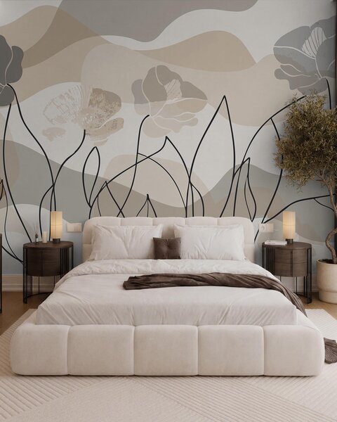 Tapet Abstracție bej cu flori conturate, Imagini de fundal unice, w09989 : Uwalls.ro