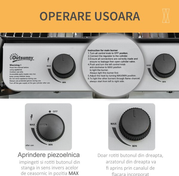 Gratar pe gaz cu Capac si 2 Arzatoare Outsunny, 5,6 kW, Otel, Roti si Rafturi, 104x49x99cm Negru | AOSOM RO