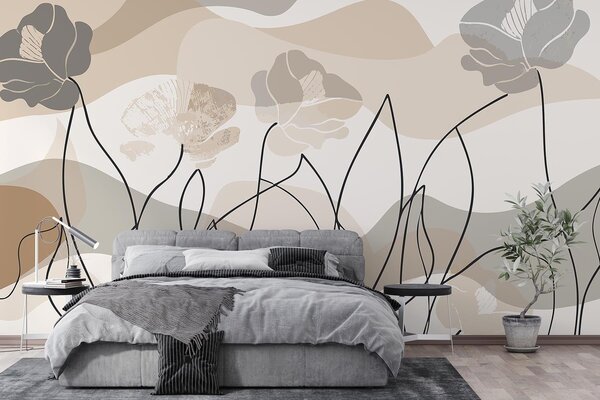 Tapet Abstracție bej cu flori conturate, Imagini de fundal unice, w09989 : Uwalls.ro