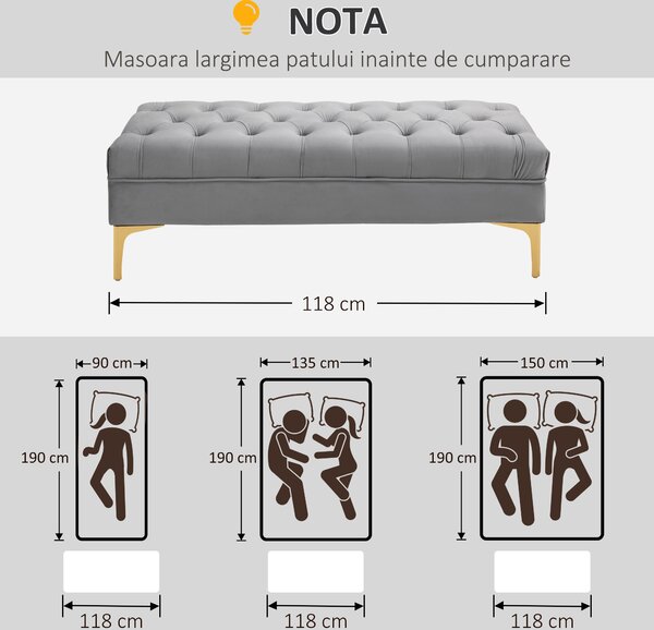 HOMCOM Banca Hol din Tesatura Catifelata, Picioruse Metalice, Banca Capitonata la capatul Patului Gri, 118x45x42cm | Aosom Romania