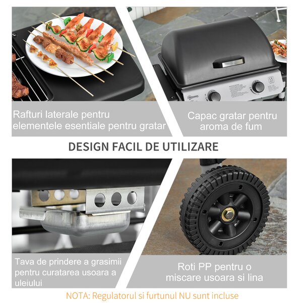 Gratar pe gaz cu Capac si 2 Arzatoare Outsunny, 5,6 kW, Otel, Roti si Rafturi, 104x49x99cm Negru | AOSOM RO