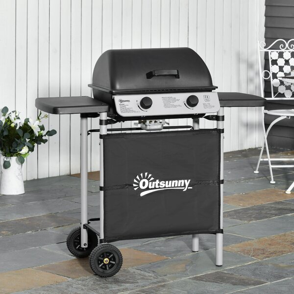 Gratar pe gaz cu Capac si 2 Arzatoare Outsunny, 5,6 kW, Otel, Roti si Rafturi, 104x49x99cm Negru | AOSOM RO