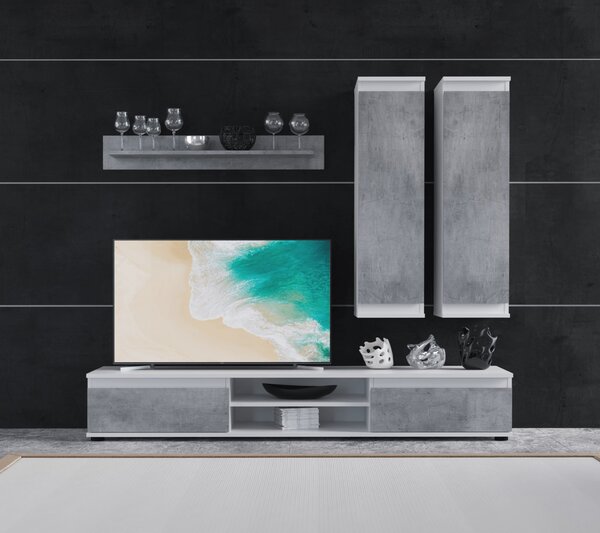 KONDELA Mobilier de perete living, beton/alb, LUSIANA