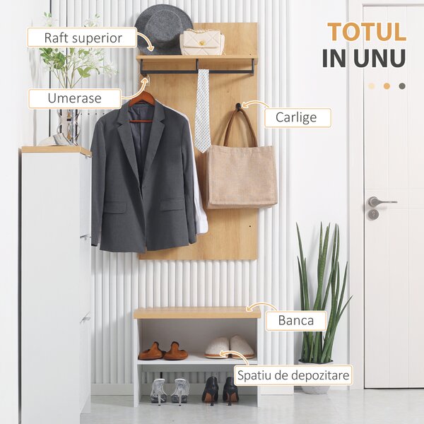 HOMCOM Entryway Organizer with Shoe Bench, Shoe Rack, Hall Tree with 4 Hooks, Coat Rack for Hallway, White and Natural | Aosom Romania