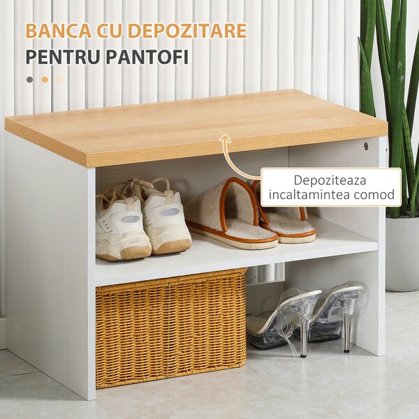 HOMCOM Entryway Organizer with Shoe Bench, Shoe Rack, Hall Tree with 4 Hooks, Coat Rack for Hallway, White and Natural | Aosom Romania