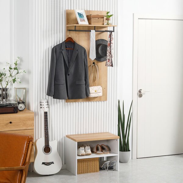 HOMCOM Entryway Organizer with Shoe Bench, Shoe Rack, Hall Tree with 4 Hooks, Coat Rack for Hallway, White and Natural | Aosom Romania