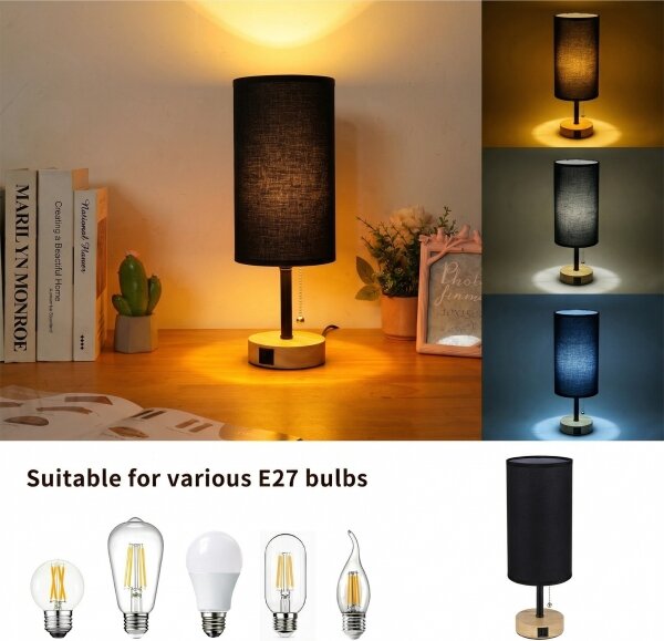 Brilagi - Lampă de birou TABLON cu port USB 1xE27/25W/230V stejar/negru