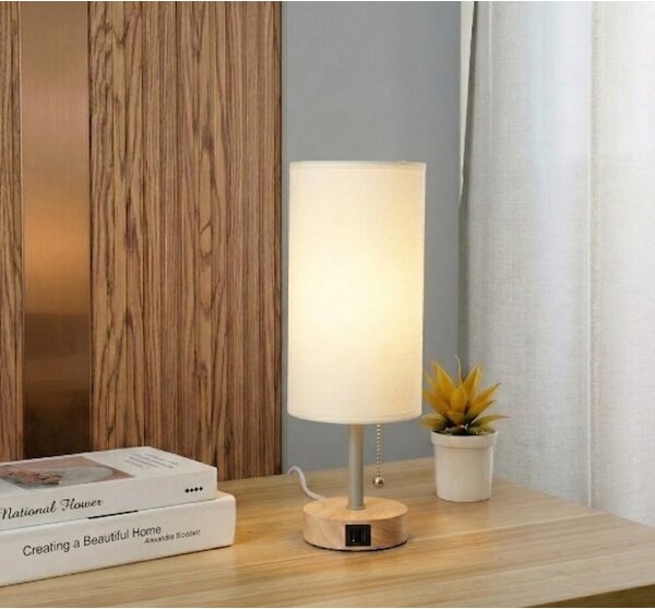 Brilagi - Lampă de masă TABLON cu port USB, 1xE27/25W/230V, stejar/bej/crem