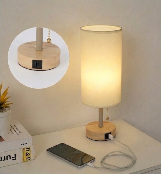 Brilagi - Lampă de masă TABLON cu port USB, 1xE27/25W/230V, stejar/bej/crem