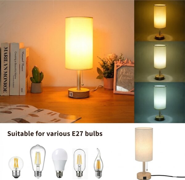 Brilagi - Lampă de masă TABLON cu port USB, 1xE27/25W/230V, stejar/bej/crem